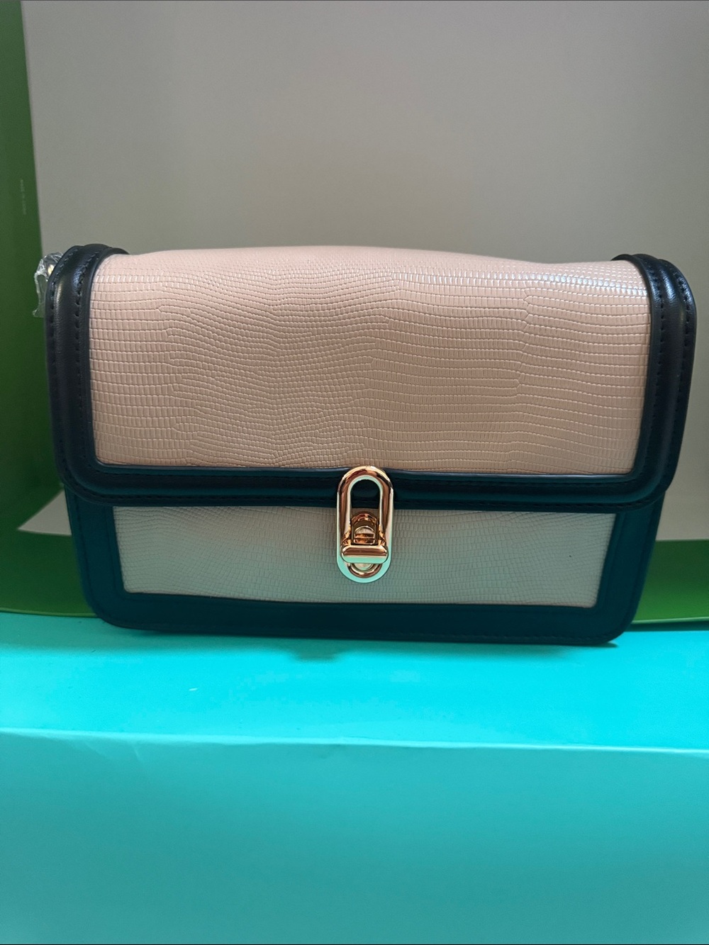 Jules Kae Structured Two-Tone Crossbody Bag in Blush Tan and Black